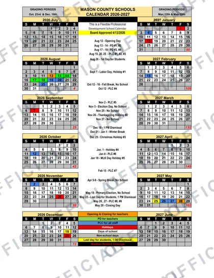 MASON COUNTY SCHOOLS 2026-27 calendar