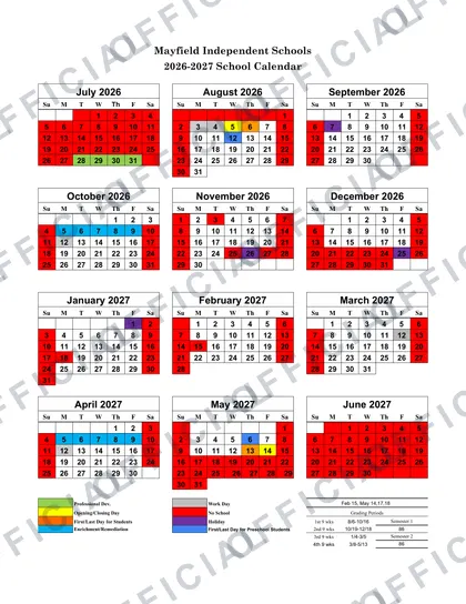 Mayfield Independent Schools 2026-27 calendar