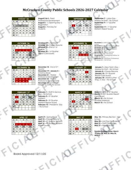 McCracken County Schools 2026-27 calendar