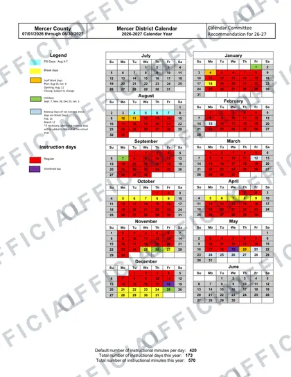 Mercer County Schools 2026-27 calendar