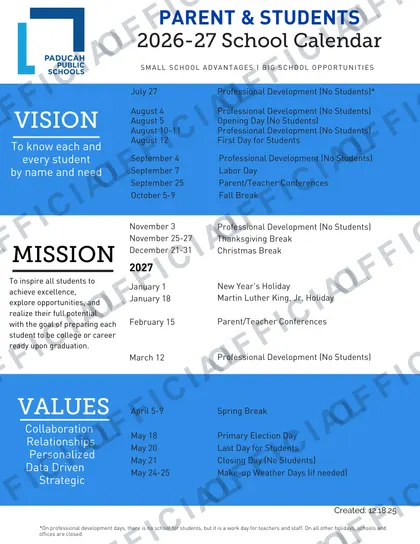 Paducah Public Schools 2026-27 calendar
