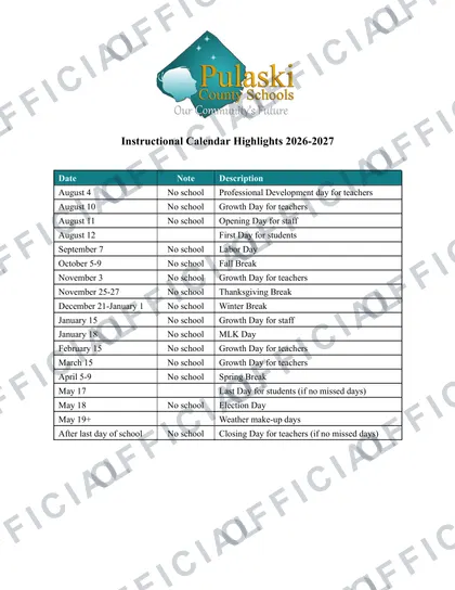 Pulaski County Schools 2026-27 calendar
