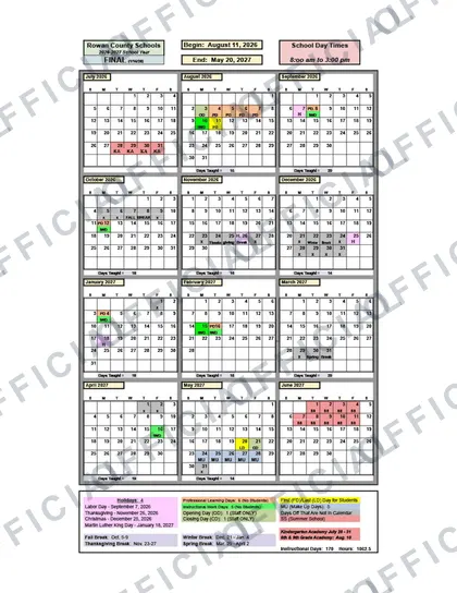 Rowan County Schools 2026-27 calendar