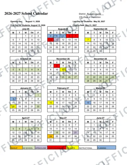 Russell County School System 2026-27 calendar
