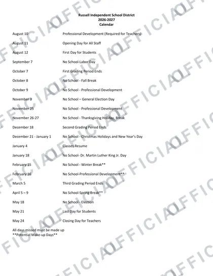 Russell Independent School District 2026-27 calendar