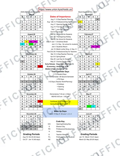Union County Schools District 2026-27 calendar