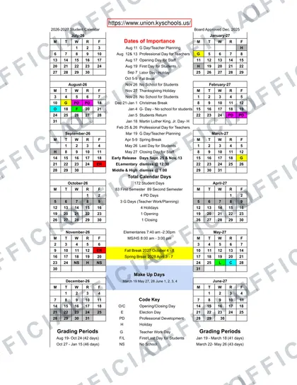 Union County Schools 2026-27 calendar