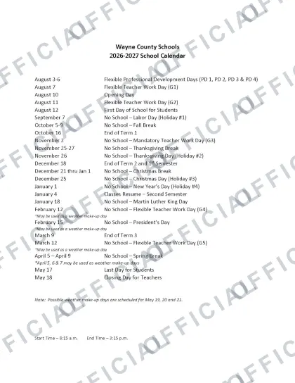 Wayne County Schools 2026-27 calendar