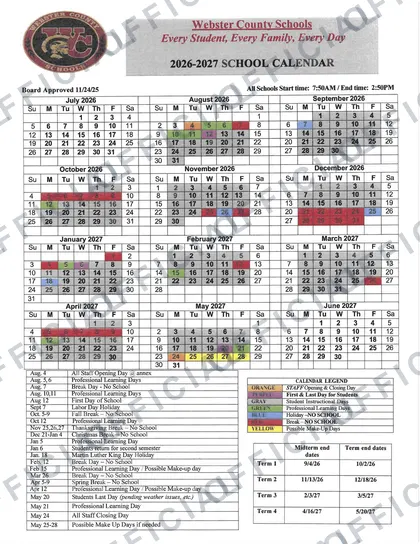 Webster County Schools 2026-27 calendar