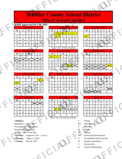 Whitley County School District 2026-27 calendar
