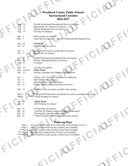Woodford County Public Schools 2026-27 calendar