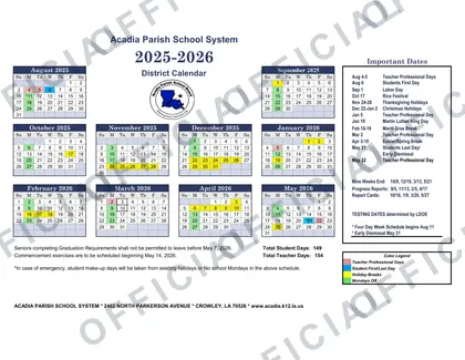 Acadia Parish School System 25-26 2026-27 calendar