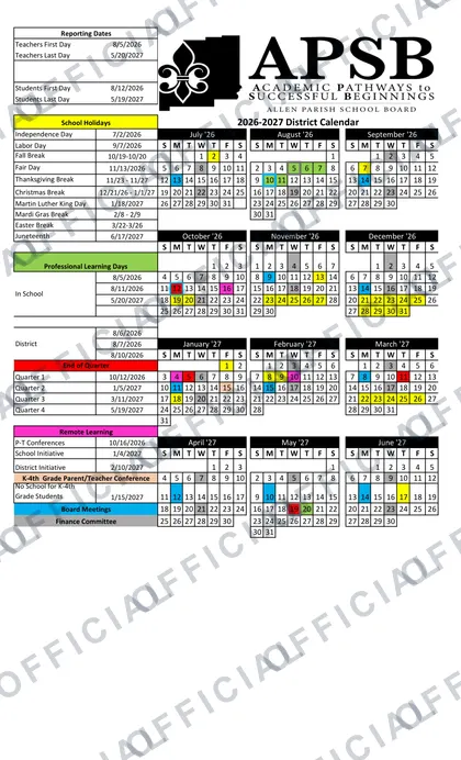 Allen Parish School Board 2026-27 calendar
