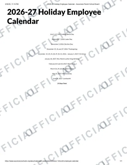 Ascension Parish School Board 2026-27 calendar