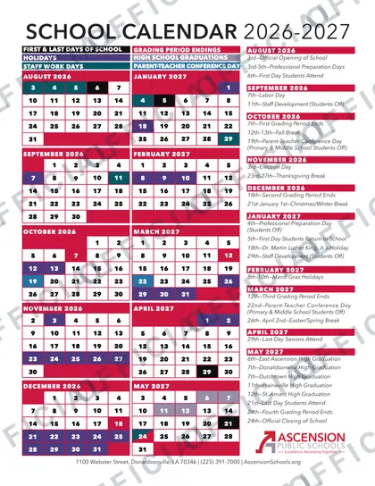 Ascension Public Schools 2026-27 calendar