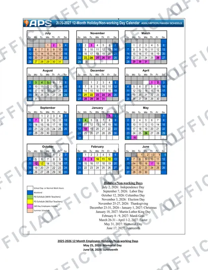 Assumption Parish Schools 2026-27 calendar