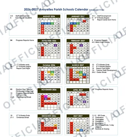 Avoyelles Parish Schools 2026-27 calendar