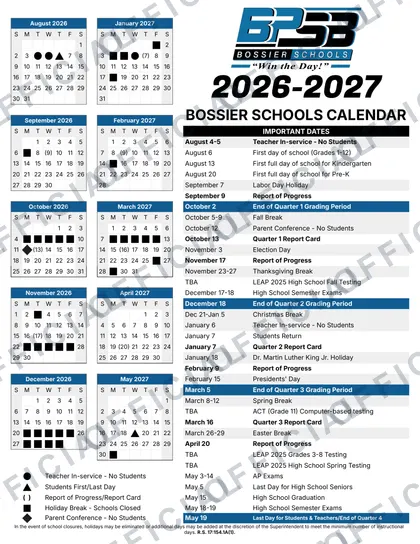 Bossier Schools LA 2026-27 calendar