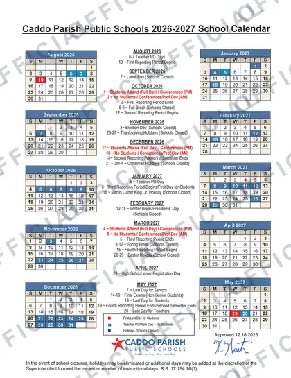 Caddo Parish Public Schools 2026-27 calendar