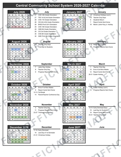 Central Community School System 2026-27 calendar