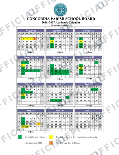 Concordia Parish School Board 2026-27 calendar