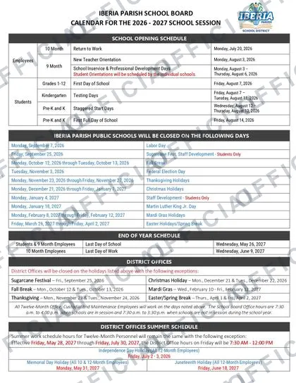 Iberia Parish School District 2026-27 calendar