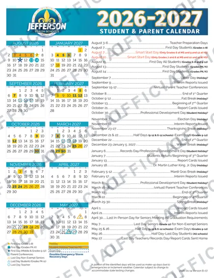 Jefferson Parish Schools 2026-27 calendar