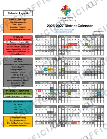 Lafayette Parish School System 2026-27 calendar