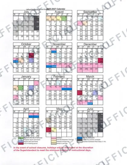 Lafourche Parish School District 2026-27 calendar