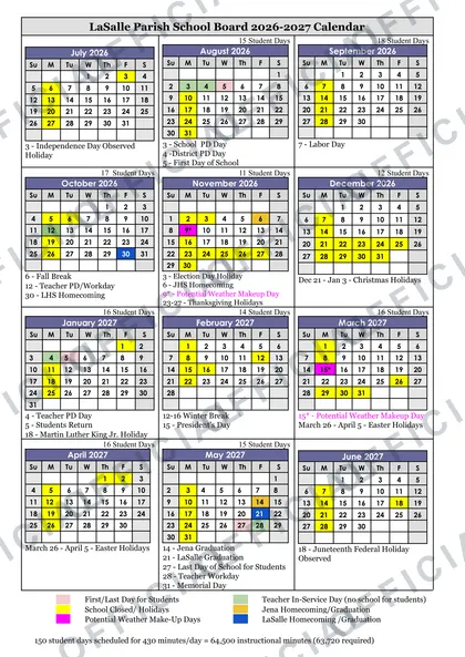 LaSalle Parish School Board 2026-27 calendar