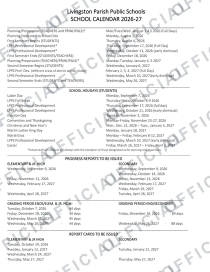 Livingston Parish Public Schools 2026-27 calendar