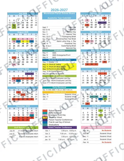 Morehouse Parish School Board 2026-27 calendar
