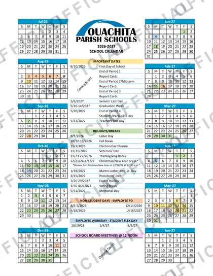 Ouachita Parish Schools 2026-27 calendar