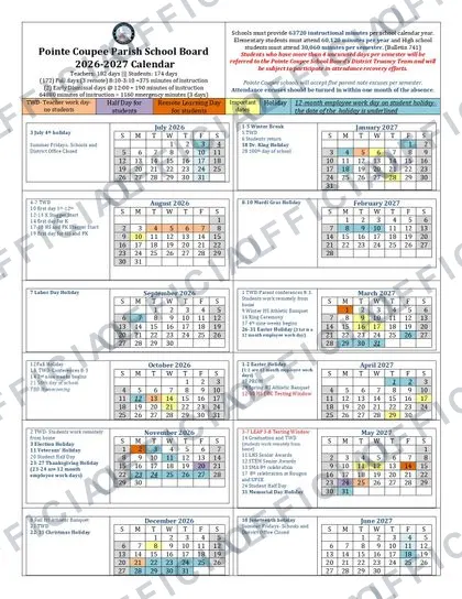 Pointe Coupee Parish School 2026-27 calendar