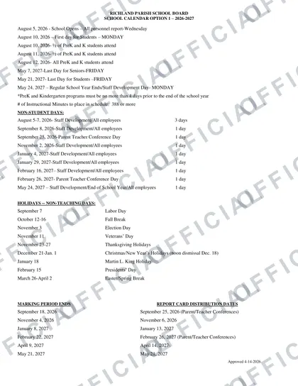 Richland Parish School Board 2026-27 calendar