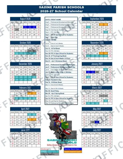 SABINE PARISH SCHOOLS 2026-27 calendar