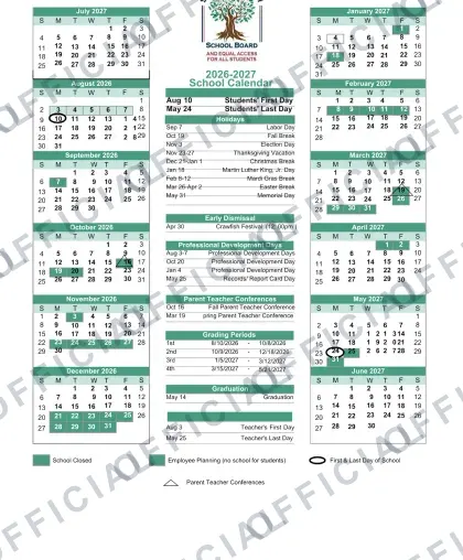 St. Bernard Parish Public Schools 2026-27 calendar