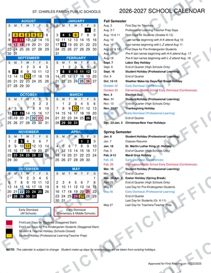 St. Charles Parish Public Schools 2026-27 calendar