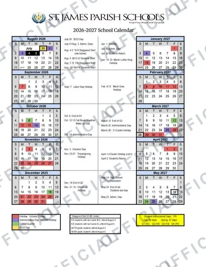 ST. JAMES PARISH SCHOOLS 2026-27 calendar