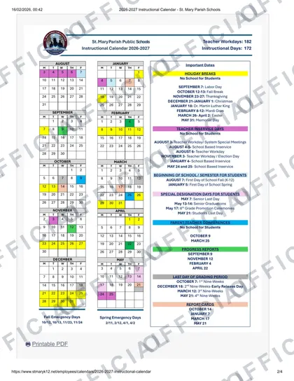 St. Mary Parish Public Schools 2026-27 calendar