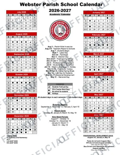 Webster Parish School System 2026-27 calendar