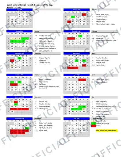 West Baton Rouge Parish 2026-27 calendar