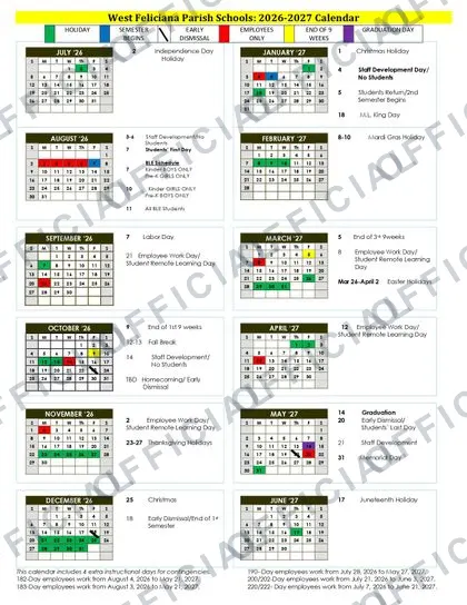 West Feliciana Parish Schools 2026-27 calendar
