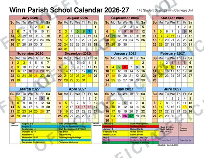 Winn Parish School 2026-27 calendar
