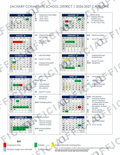 Zachary Community School District 2026-27 calendar