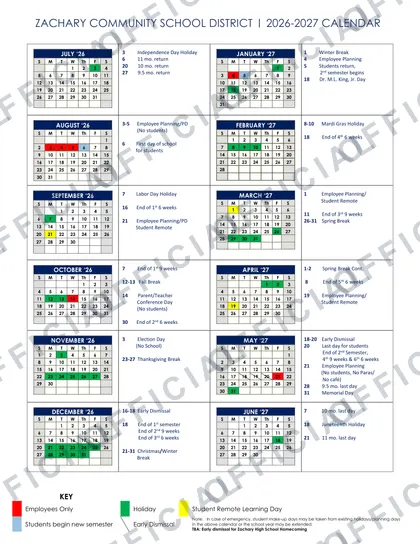 Zachary Community School District vpsb 2026-27 calendar