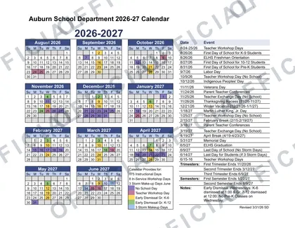 Auburn School Department 2026-27 calendar
