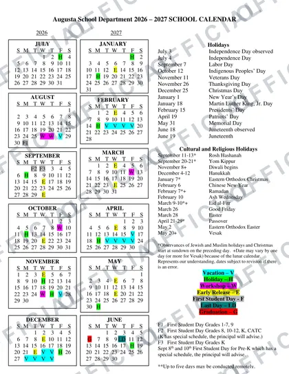 Augusta School Department 2026-27 calendar