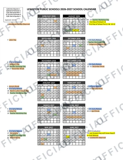 Lewiston Public Schools 2026-27 calendar