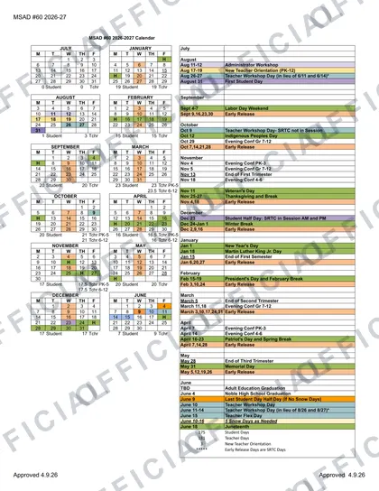 MSAD #60 2026-27 calendar